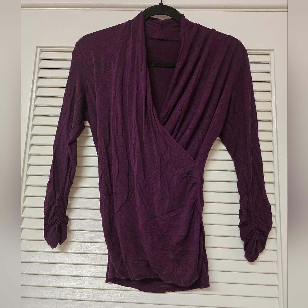 Purple Faux Wrap Long-Sleeve Top With Ruched Detail